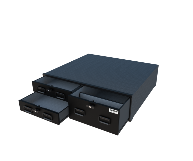 All-Weather Field Ranger TruckVault system with all 3 drawers slightly open.